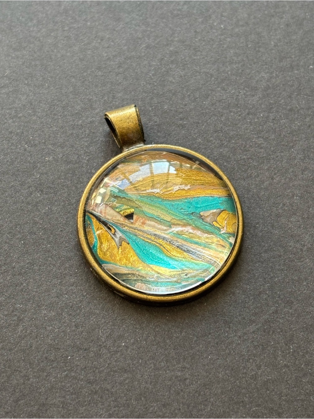Handcrafted Blue Gold Acrylic Pour Art Pendant | Glass Cabochon